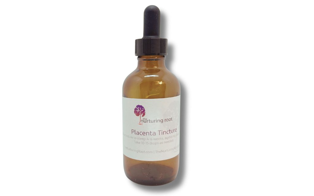 Placenta tincture in an amber glass bottle
