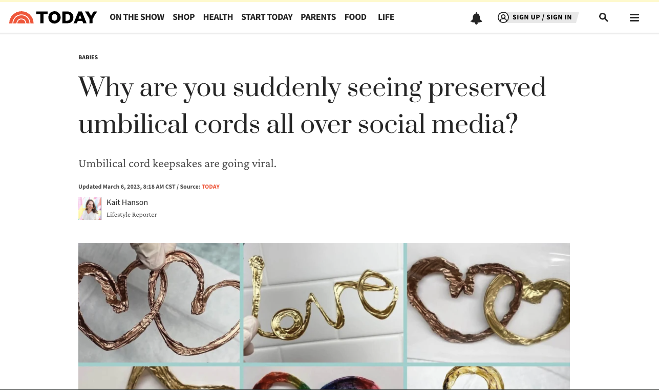 Today article showcasing Carmen's work making umbilical cord keepsakes.