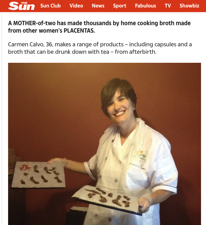 Preview of The Sun article about Carmen encapsulating placentas